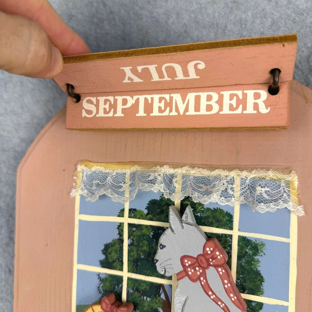Vintage Wooden Perpetual Calendar Wall Hanging Pink Cat Window Folk Art 23in